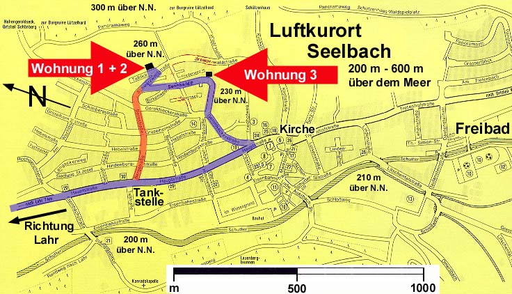 Ortsplan der Gemeinde Seelbach 
mit Anfahrtsroute zu 'Ihrer Ferienwohnung'